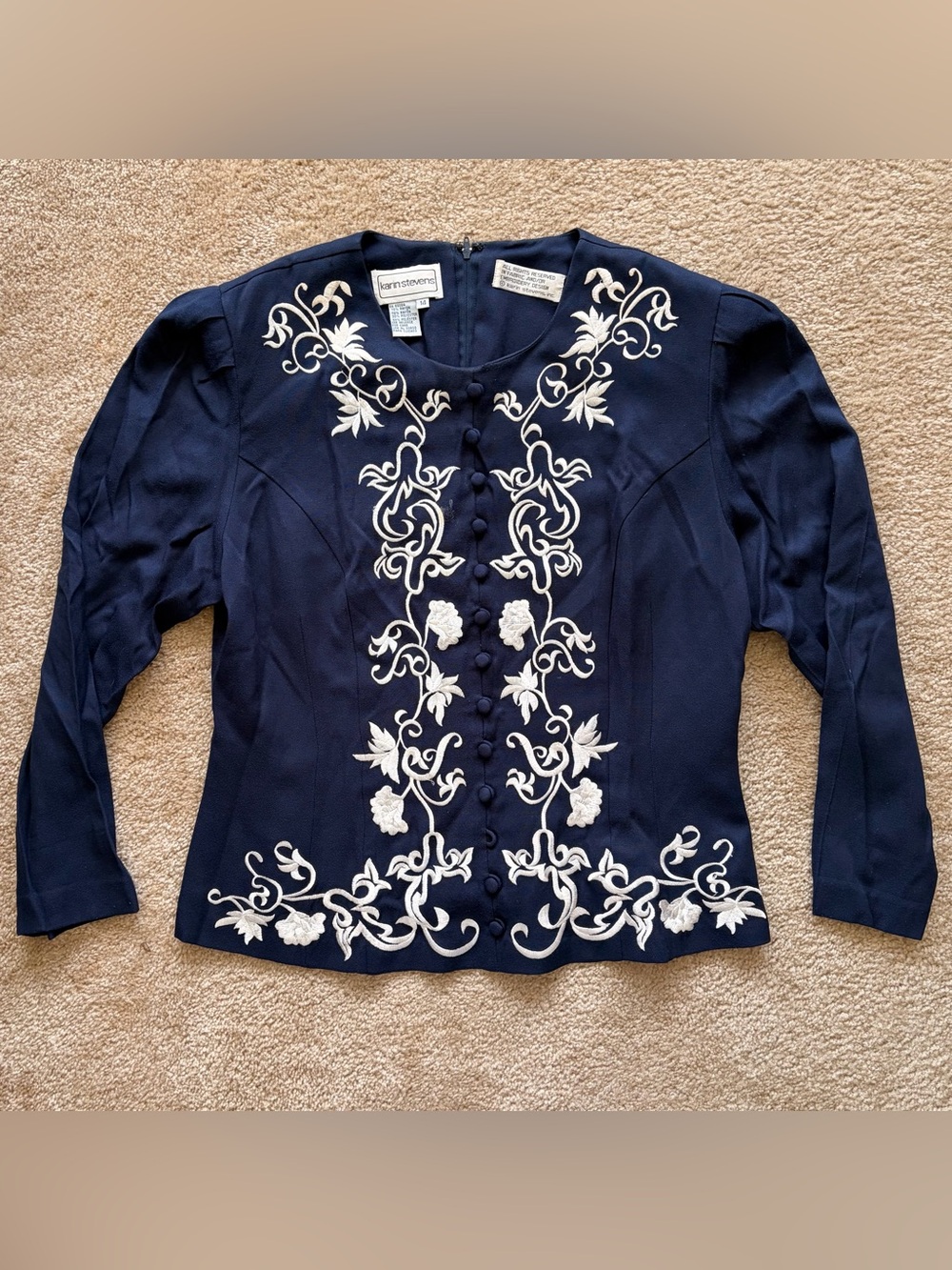 Karin Stevens Navy Embroidered Top